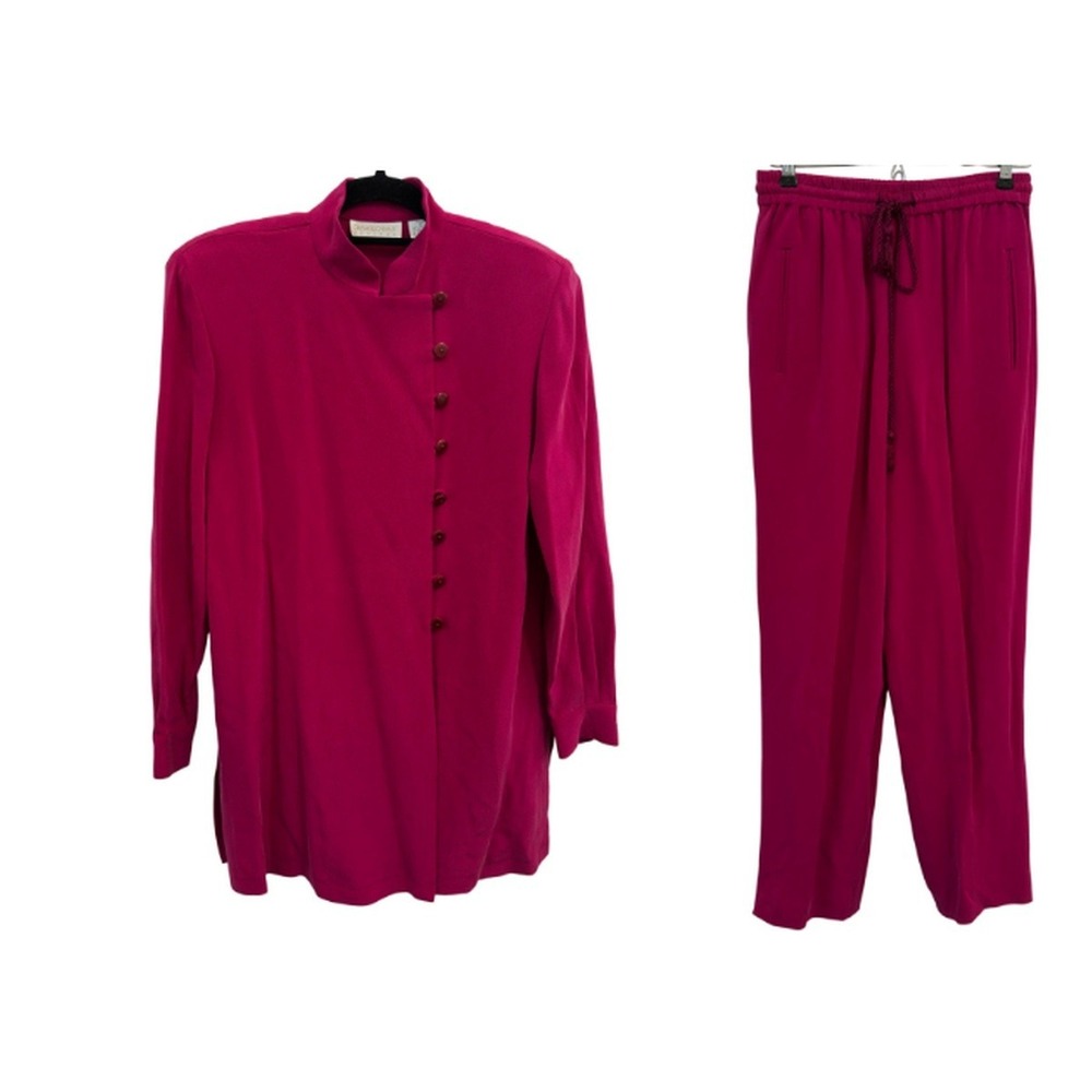 Dana Buchman Vintage 90s 100% Silk 2 Piece Pant Suit Fuchsia Tunic Old Money 2P